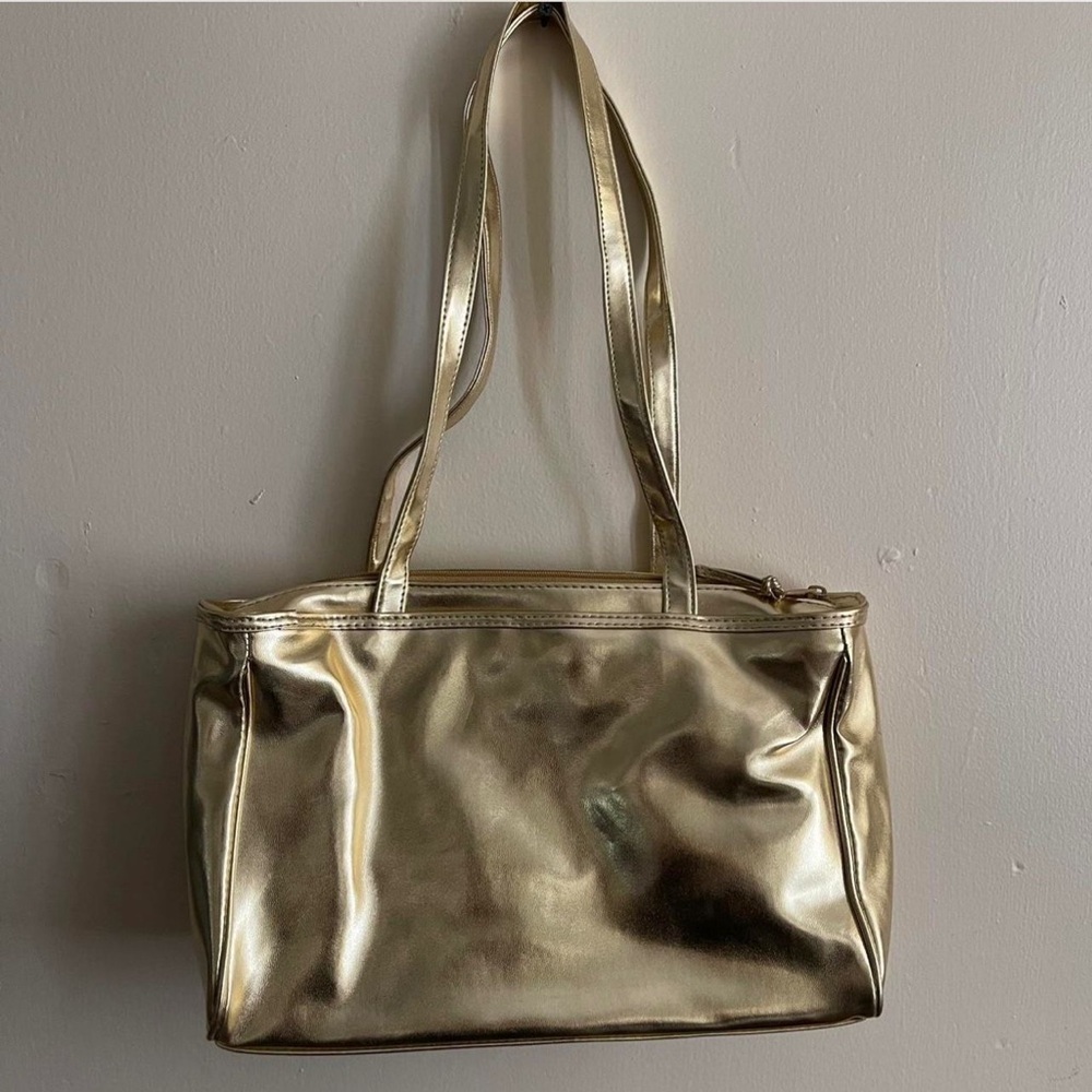 Metallic Gold Tote Bag with Structured Shape and Shoulder Straps